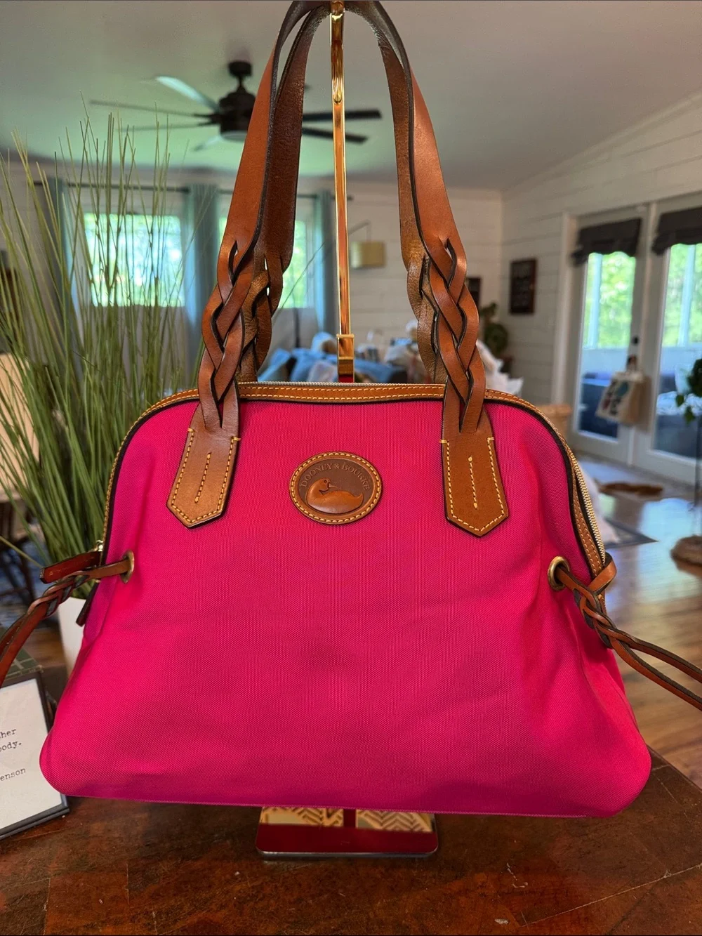 Dooney & Bourke Hot Pink Nylon Satchel with Brown Leather Trim